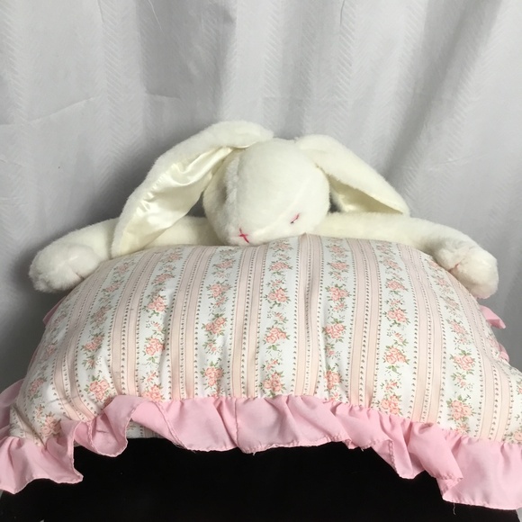 Vintage 1993 Bunny Rabbit Hugging Pillow White Pink Ruffle Small Child Crib Smal - Picture 1 of 9